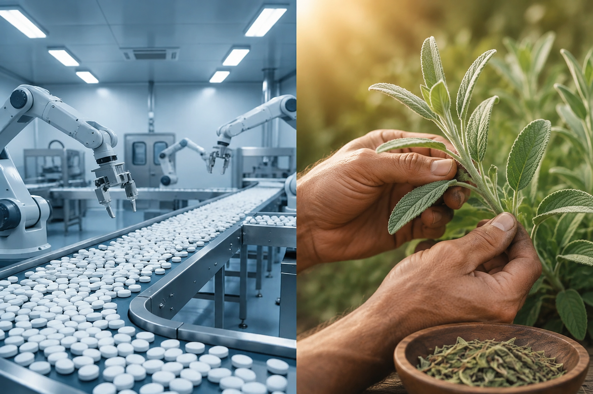 Pharmaceutical tablet production beside hands harvesting fresh sage