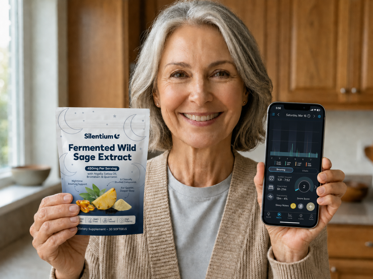 Customer holding the Silentium pouch and a phone showing her snoring score