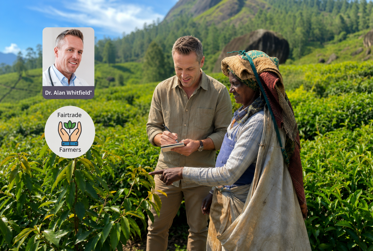 A researcher taking notes with a farmer in the field