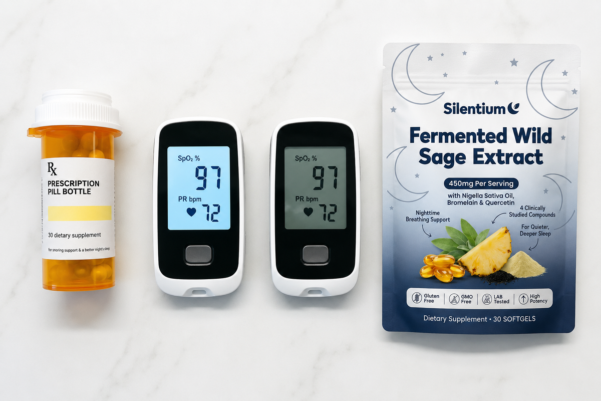 Prescription pill bottle and two pulse oximeters beside the Silentium pouch