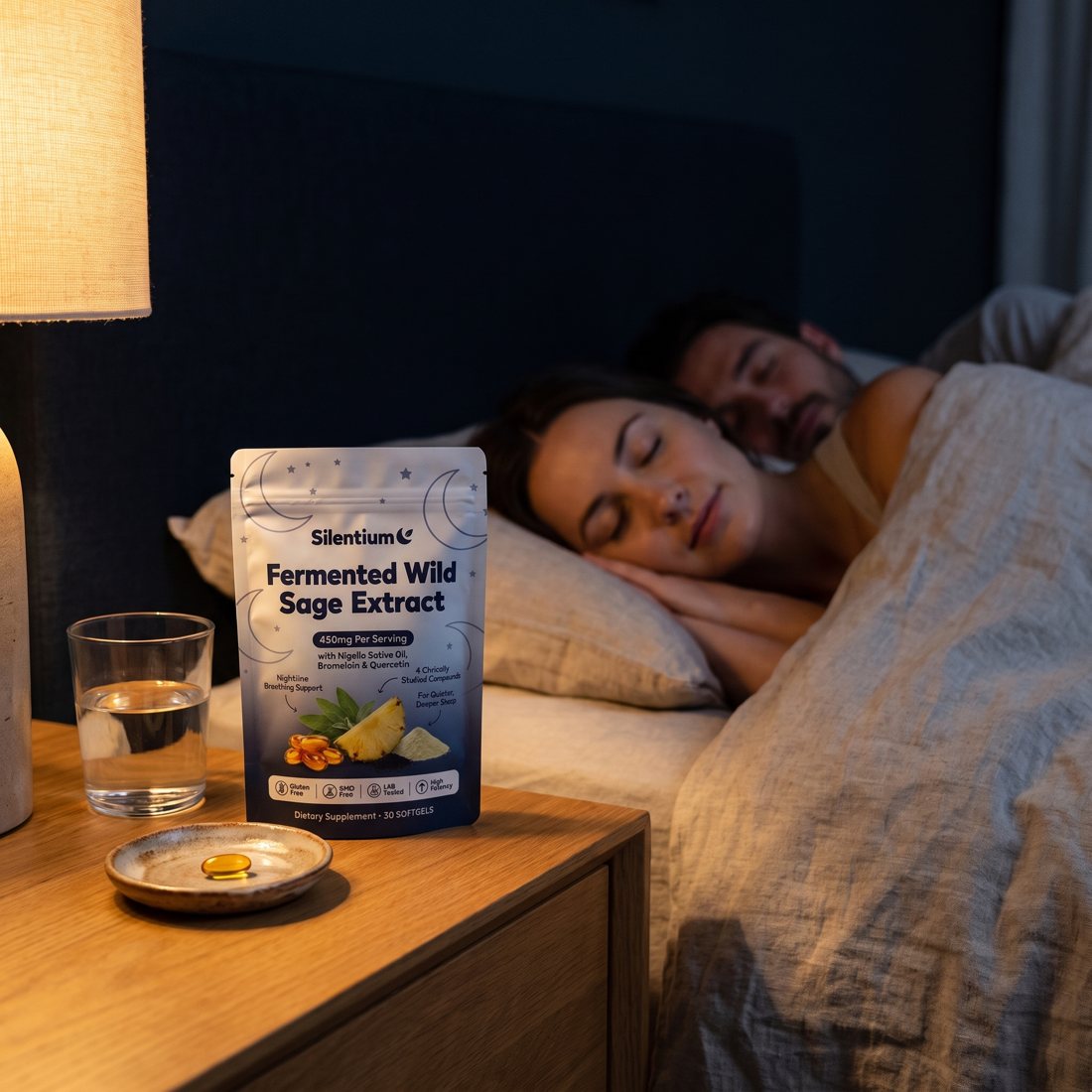 Silentium pouch on a bedside table, a couple asleep in the same bed